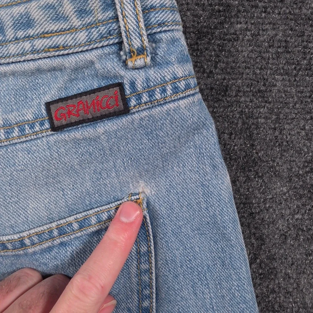VTG Gramicci Jeans Mens XL 36x28 Blue Light Wash Denim Embroidered Made USA Belt